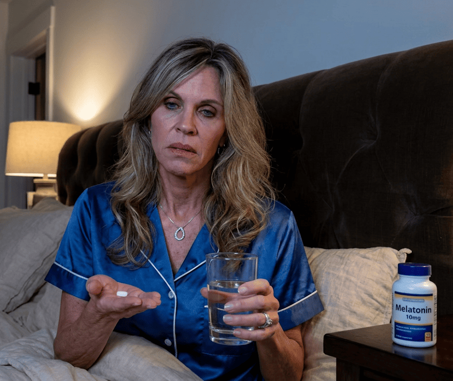 Holding melatonin pills and a supplement bottle