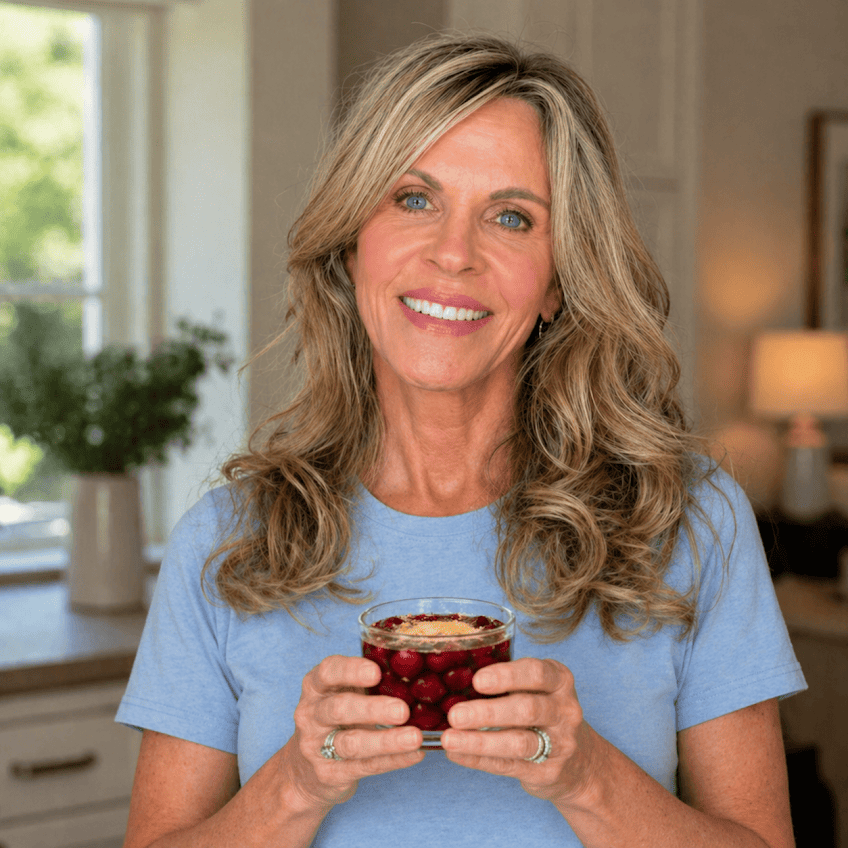 Happy and rested, holding the cherry drink